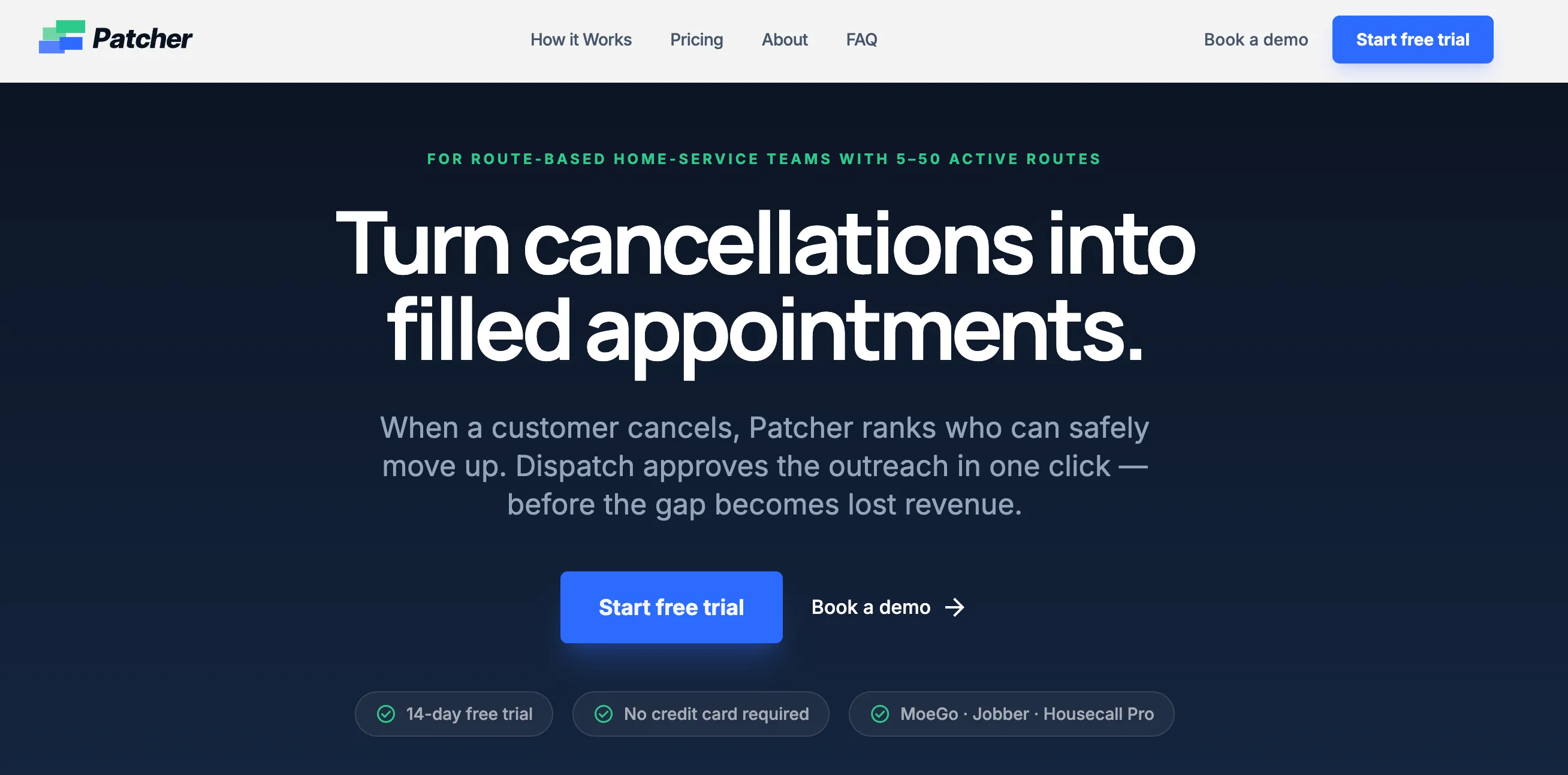 Patcher landing page: “Turn cancellations into filled appointments.”